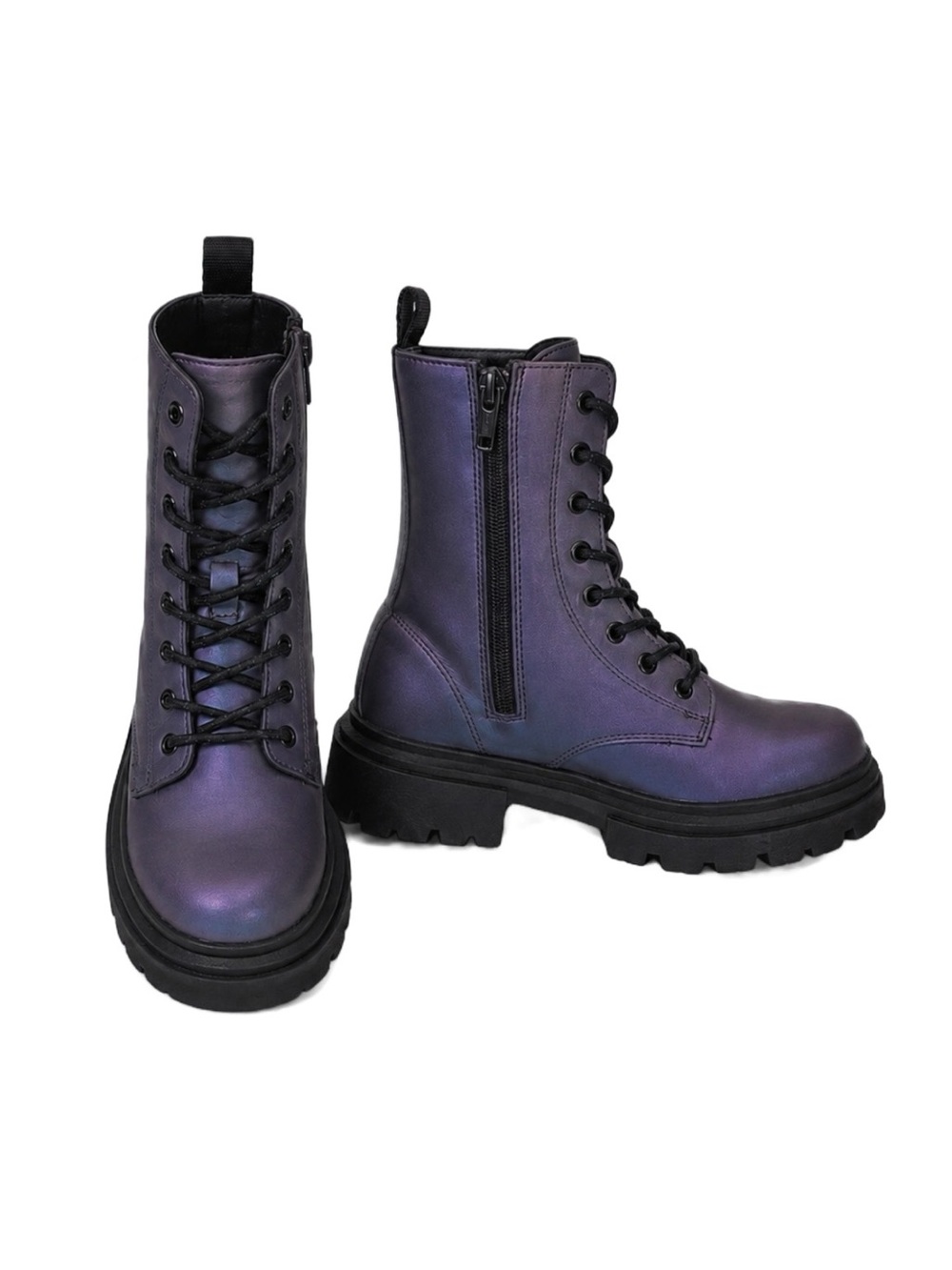 Zara Iridescent Combat Boot Lace Up Lug Sole Ankle Boots Purple Black EU 34 US 3